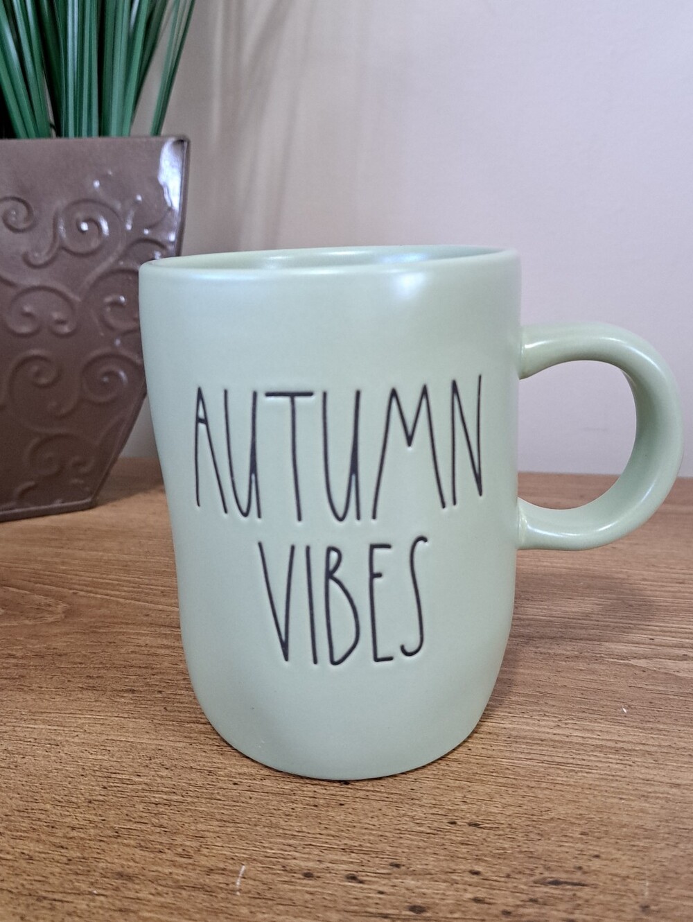 Rae Dunn Autumn Vibes Mug Green Black Ceramic Artisan Collection Fall Neutral